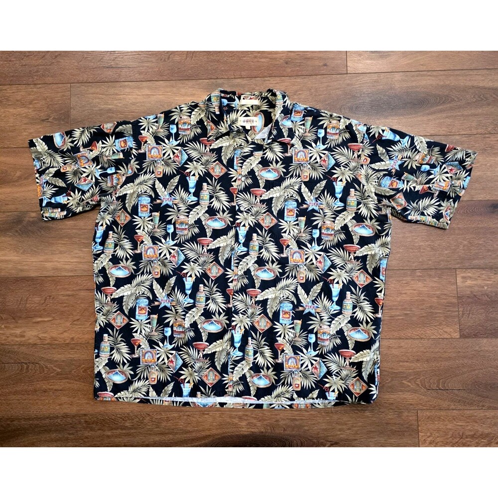 Campia Moda Mens Hawaiian Aloha Camp Shirt 3XLT Black Beer Drinks Palms